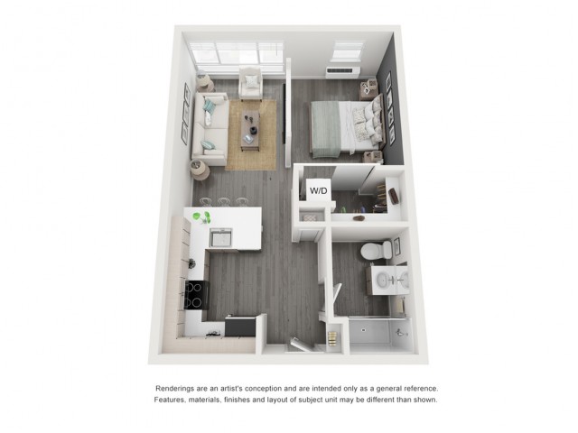 A 3D image of the L2 – Utica floorplan, a 508 squarefoot, 0 bed / 1 bath unit