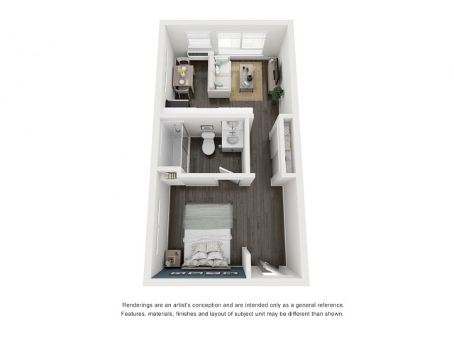 A 3D image of the L3E – Wolff floorplan, a 478 squarefoot, 0 bed / 1 bath unit